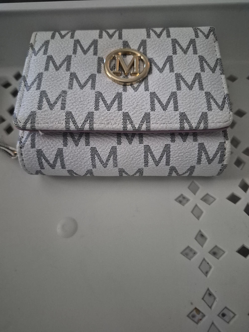 White/Cream Monogram "M" Print Trifold Wallet with Pink Trim & Zipper Coin Pocke